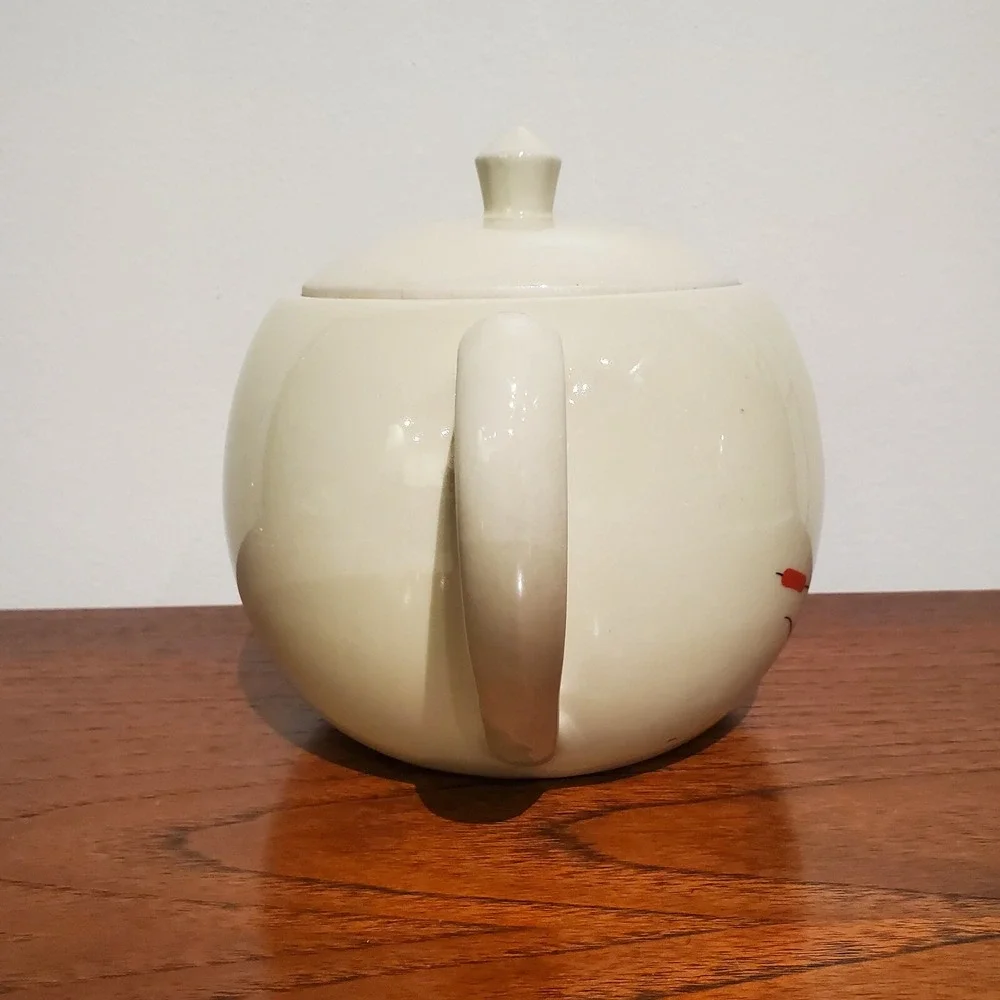 Vintage Porcelier Trademark Vitreous Hand Dec. China White Red Cat Tails‎ Teapot